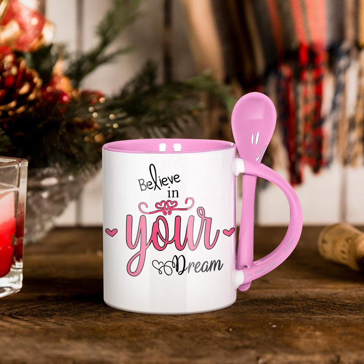 Taza con Cuchara de Color Rosado