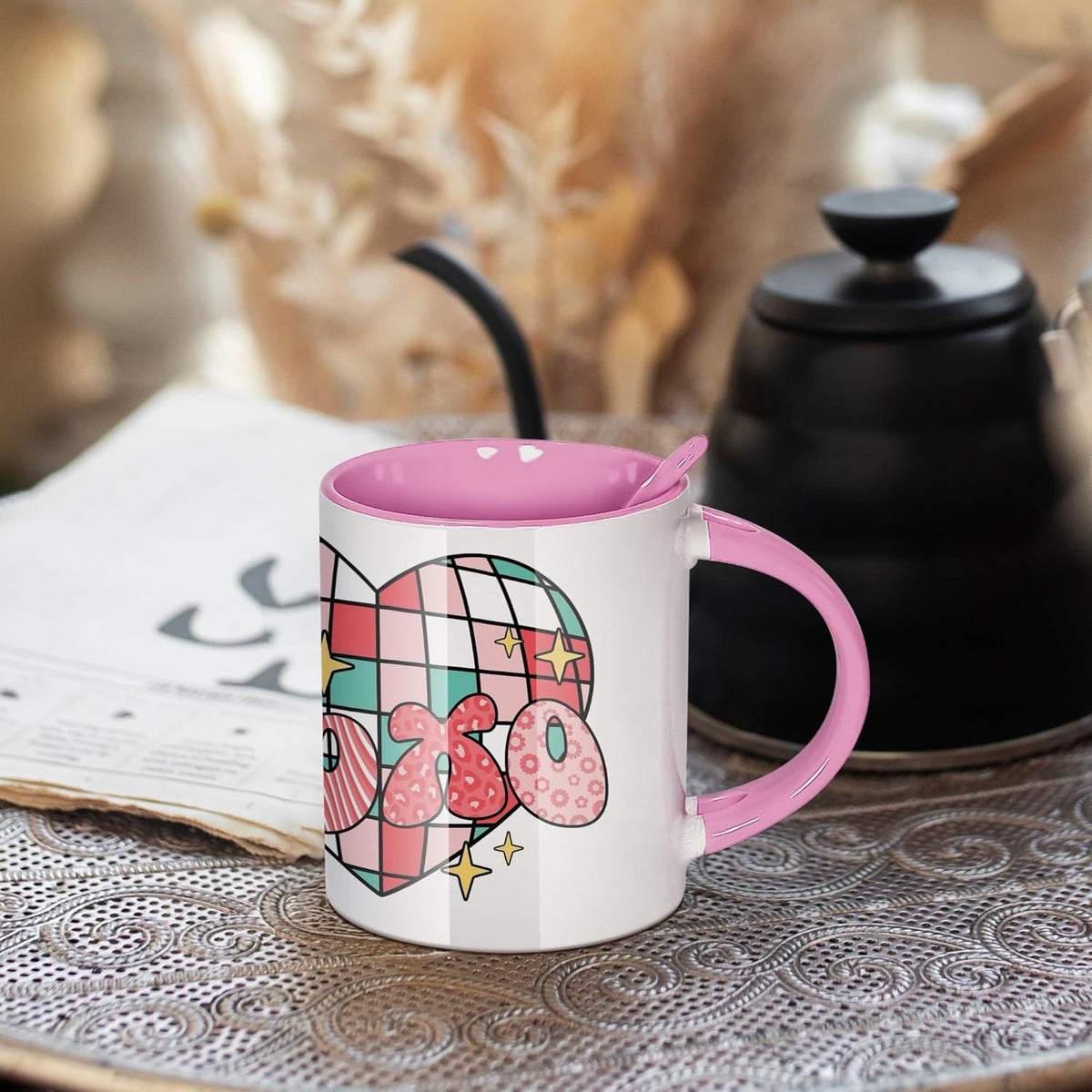 Taza con Cuchara de Color Rosado