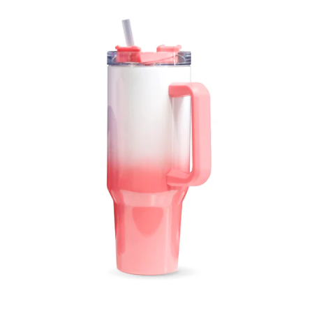 Vaso Térmico de Color Rosado con Glitter de 40 oz, asa y tapa con pajita